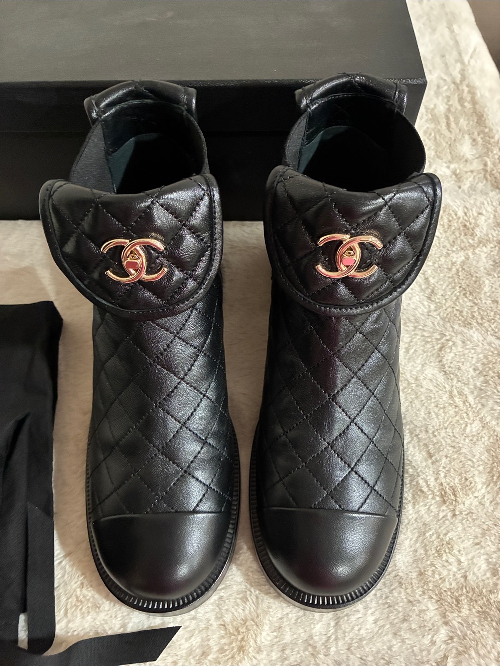 Authentic CHANEL Black Quilted Leather Ankle Boots with Gold CC Hardware - Picture 2 of 12
